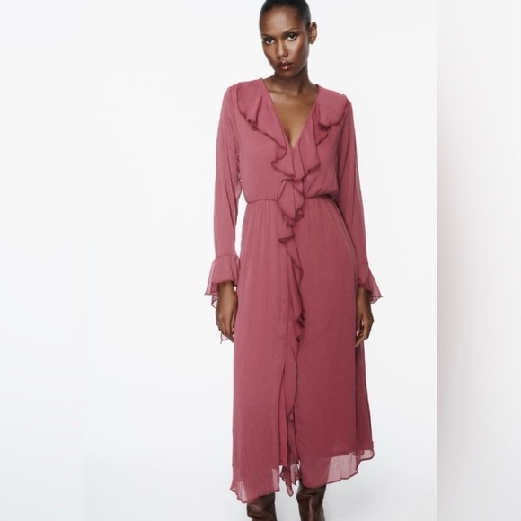 ZARA BLOGGERS FAVORITE RUFFLED GEORGETTE MIDI DRESS - Picture 7 of 16